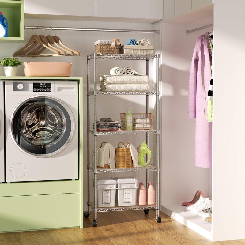 SINGAYE 5 Shelves Storage Shelf Wire Closet Bathroom Organizers Metal Pantry Kitchen Garage Shelving Unit Laundry Room Organization Home Rack Net Basket White with Wheels - Image 1