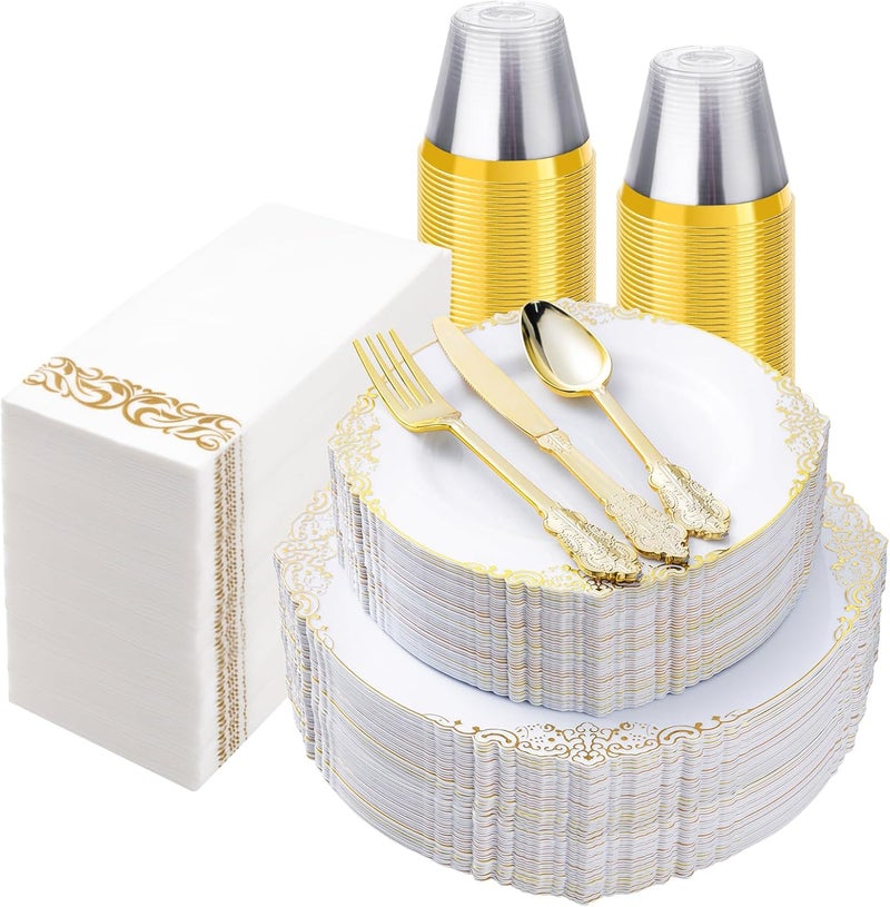 Bestluck 350PCS White and Gold Plastic Plates for 50 Guests, Disposable Dinnerware Set Includes 100 Disposable Plates, 150 Gold Silverware, 50 Cups, 50 Napkins for Party, Wedding and Easter - Image 1