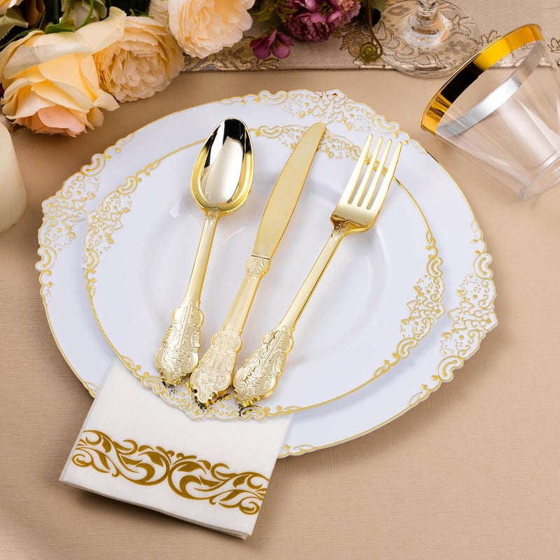 Bestluck 350PCS White and Gold Plastic Plates for 50 Guests, Disposable Dinnerware Set Includes 100 Disposable Plates, 150 Gold Silverware, 50 Cups, 50 Napkins for Party, Wedding and Easter - Image 4