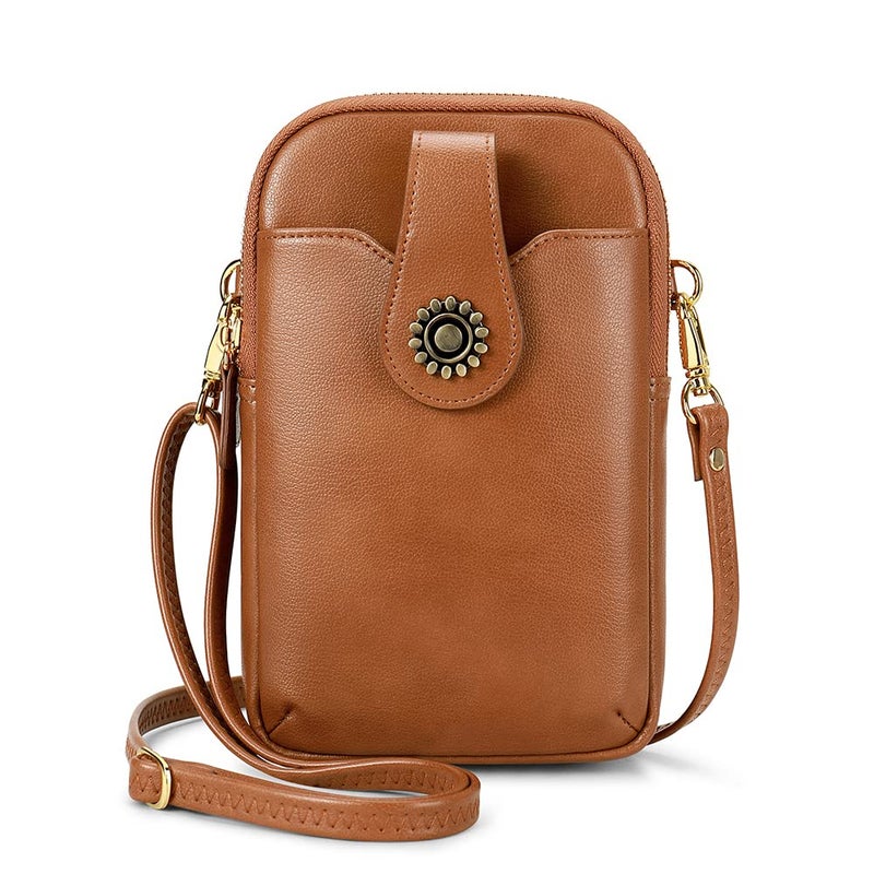 PEACOCKTION Peacocktion Crossbody Cell Phone Bag for Women, Small Leather Shoulder Handbag Purse with Credit Card Slots, Brown  - Image 1