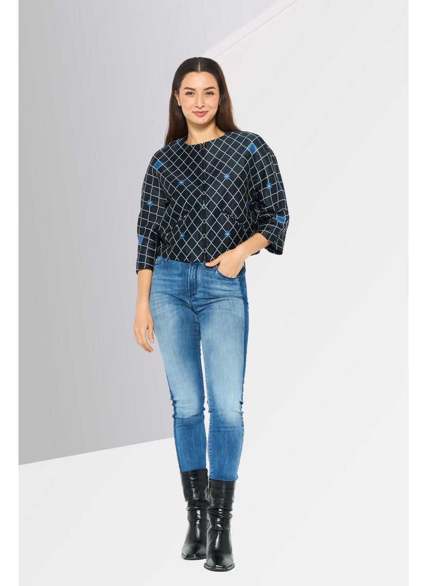 EMPORIO ARMANI - Women Blouson Diamond Pattern Shirt Jacket, Navy - Image 1
