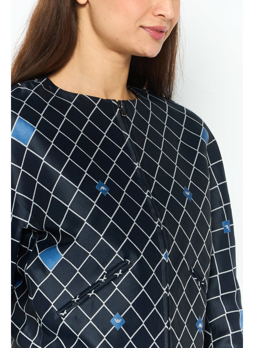 EMPORIO ARMANI - Women Blouson Diamond Pattern Shirt Jacket, Navy - Image 1