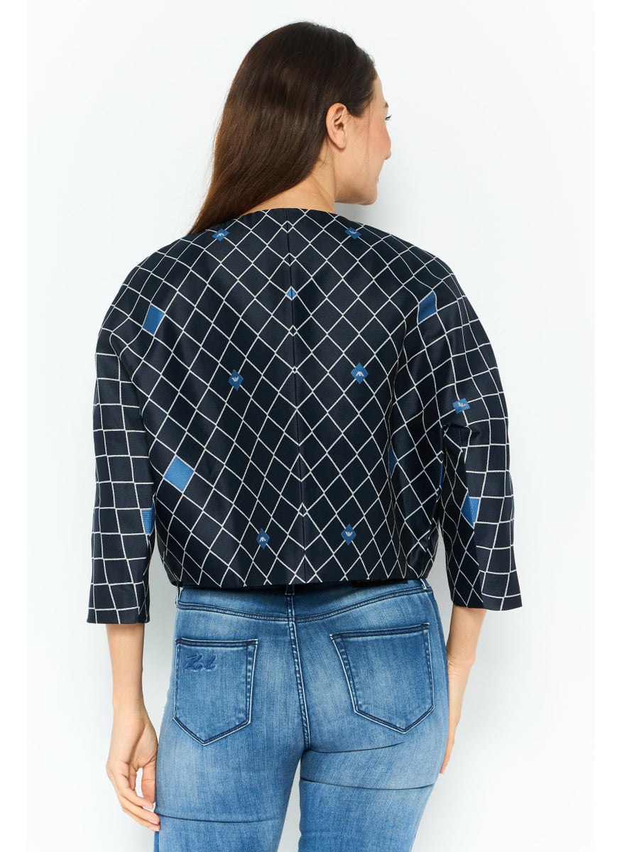 EMPORIO ARMANI - Women Blouson Diamond Pattern Shirt Jacket, Navy - Image 1