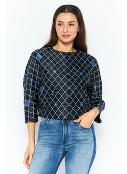 Women Blouson Diamond Pattern Shirt Jacket, Navy