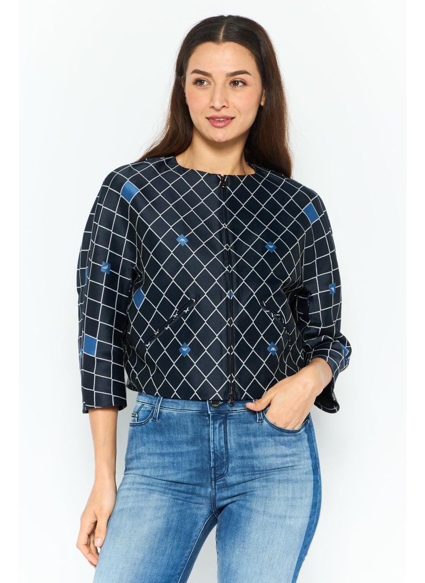 EMPORIO ARMANI - Women Blouson Diamond Pattern Shirt Jacket, Navy - Image 1