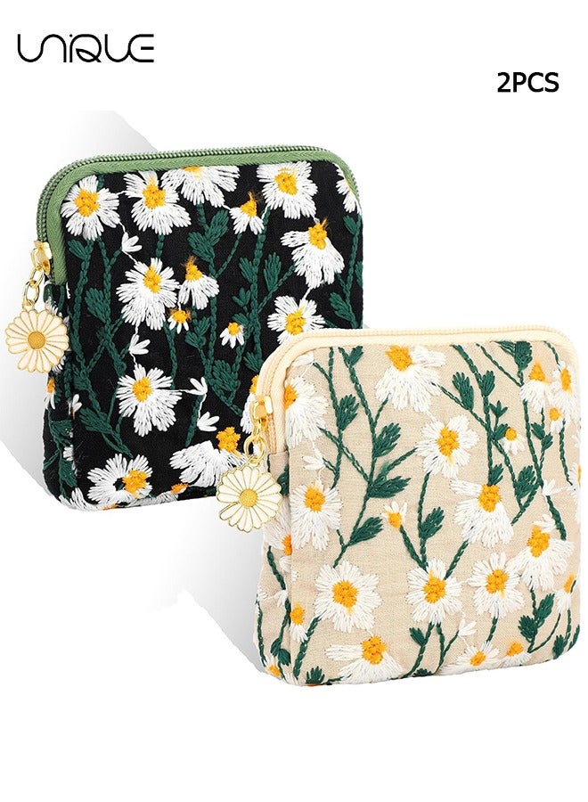 Unique 2 Pcs Daisies Sanitary Napkin Storage Bag, Embroidery Period Pad Pouch, Soft Cotton Period Holder Bag Menstrual Cup Pouches Nursing Pad Holder Tampon Bags with Zipper for Women Teen Girls - Image 1