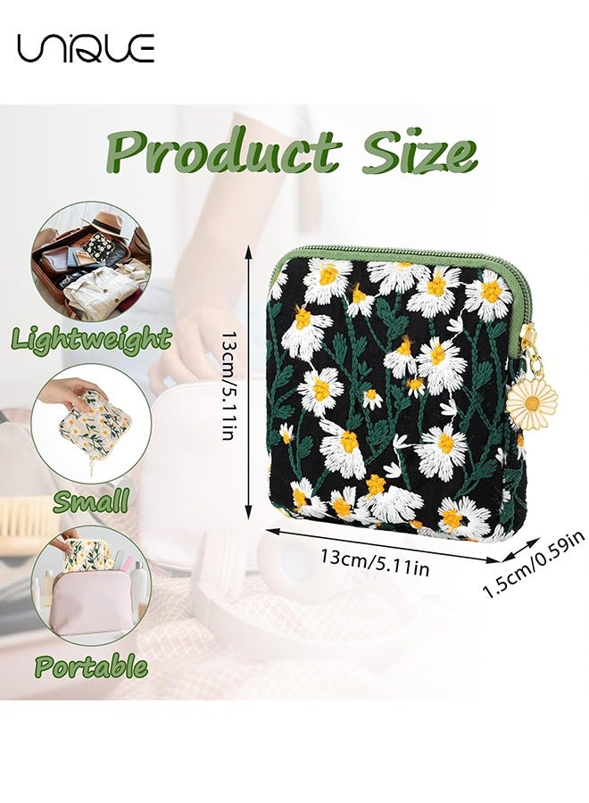 Unique 2 Pcs Daisies Sanitary Napkin Storage Bag, Embroidery Period Pad Pouch, Soft Cotton Period Holder Bag Menstrual Cup Pouches Nursing Pad Holder Tampon Bags with Zipper for Women Teen Girls - Image 2