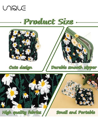 2 Pcs Daisies Sanitary Napkin Storage Bag, Embroidery Period Pad Pouch, Soft Cotton Period Holder Bag Menstrual Cup Pouches Nursing Pad Holder Tampon Bags with Zipper for Women Teen Girls - view 3