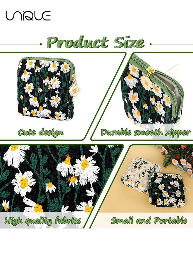 Unique 2 Pcs Daisies Sanitary Napkin Storage Bag, Embroidery Period Pad Pouch, Soft Cotton Period Holder Bag Menstrual Cup Pouches Nursing Pad Holder Tampon Bags with Zipper for Women Teen Girls - Image 3