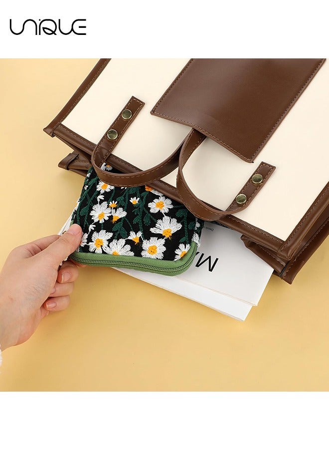 Unique 2 Pcs Daisies Sanitary Napkin Storage Bag, Embroidery Period Pad Pouch, Soft Cotton Period Holder Bag Menstrual Cup Pouches Nursing Pad Holder Tampon Bags with Zipper for Women Teen Girls - Image 5