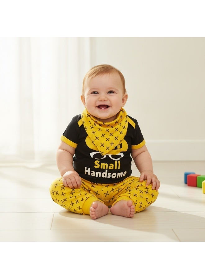 3-Piece Baby Boy Clothing Set - 100% Cotton Bodysuit, Pants, and Bandana Bib - Small Handsome Design - Image 2
