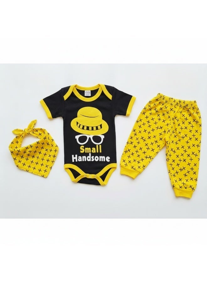 3-Piece Baby Boy Clothing Set - 100% Cotton Bodysuit, Pants, and Bandana Bib - Small Handsome Design - Image 1