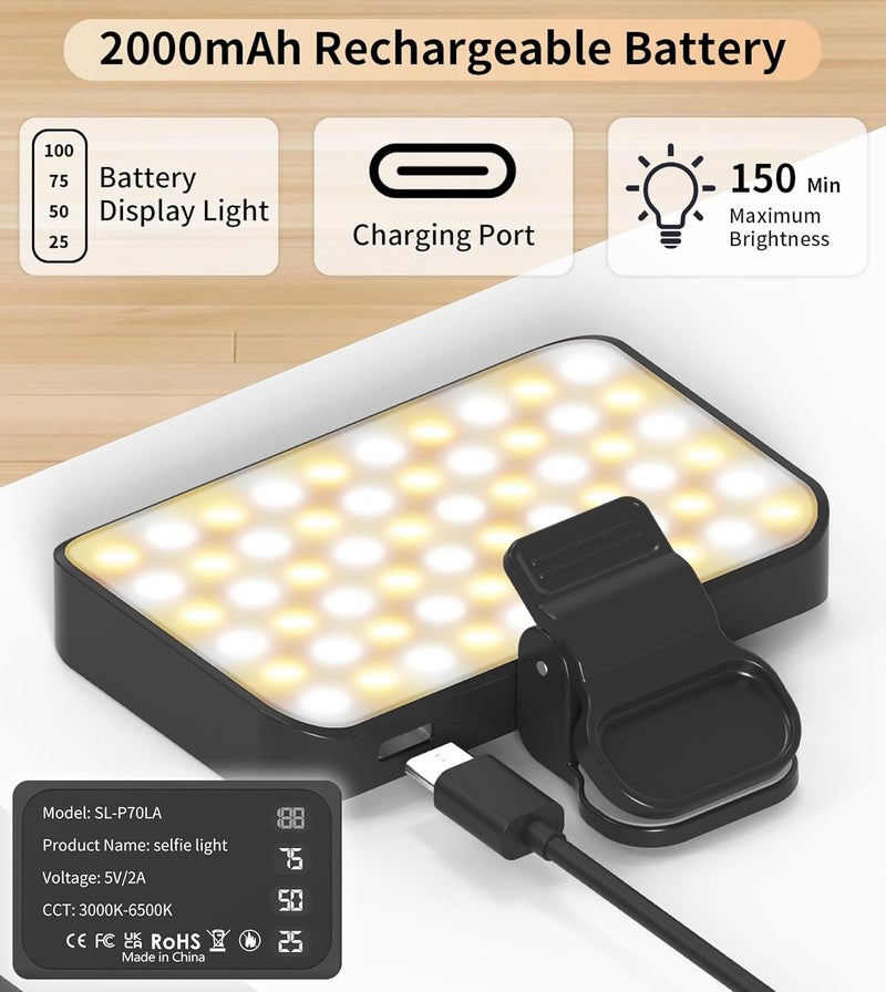 TONEOF Tunov Portable LED Selfie Light with USB-C Charging, 3000-6500K Color Temperature, 3 Lighting Modes & 10 Brightness Levels - Image 4