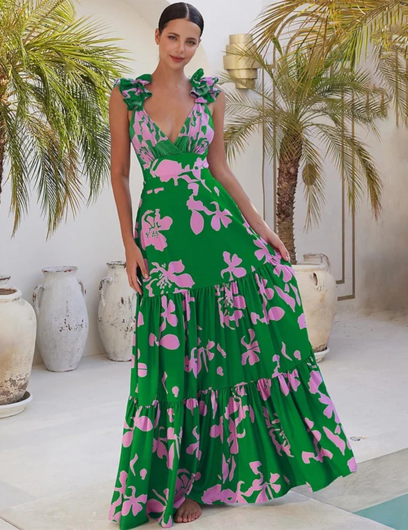 FLAXMAKER Blue and White Shoulder Ruffles Strip Plant Prints One Piece Swimsuit and Skirt/Sarong (Green,M) - Image 5