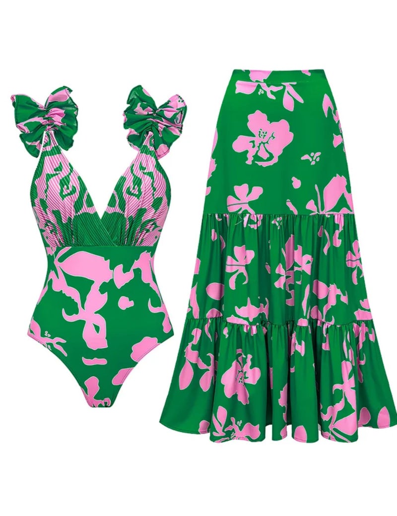 FLAXMAKER Blue and White Shoulder Ruffles Strip Plant Prints One Piece Swimsuit and Skirt/Sarong (Green,M) - Image 1