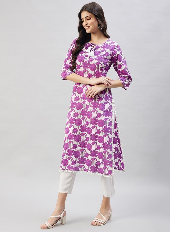 WineRed Floral Print Straight Kurta - Image 2