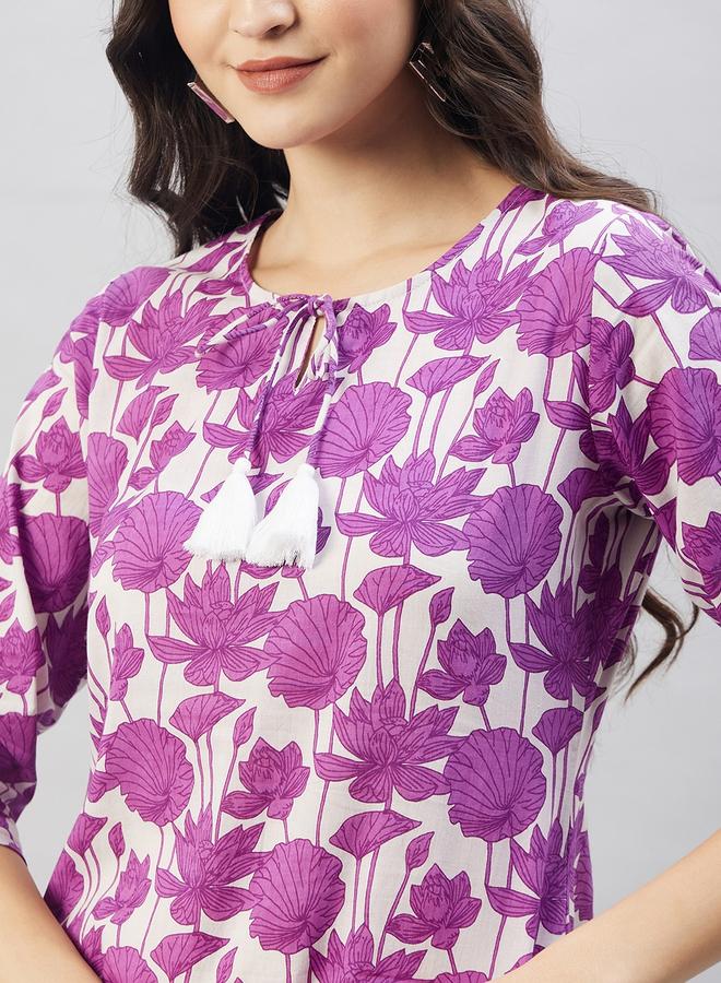 WineRed Floral Print Straight Kurta - Image 3