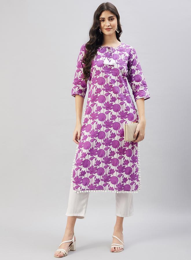 WineRed Floral Print Straight Kurta - Image 5