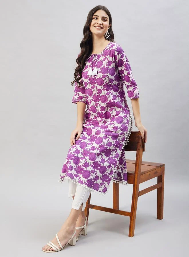 Winered Floral Print Straight Kurta