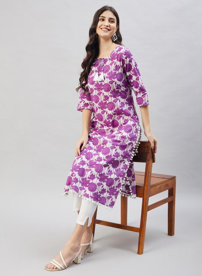 WineRed Floral Print Straight Kurta - Image 1