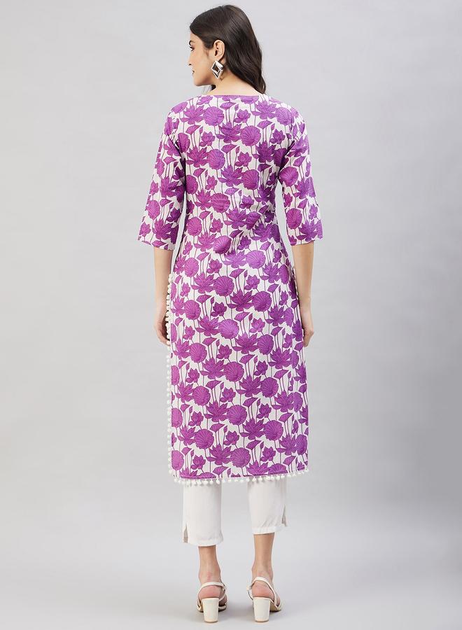WineRed Floral Print Straight Kurta - Image 4