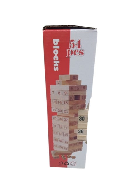 54 Pcs Wooden Blocks 4 Dices Zenga Numbered Building Bricks Stacking Classic Traditional Toppling Tumbling Tower Game Kid Gift - Challenging Maths (Big Size) Puzzle Dice Wooden