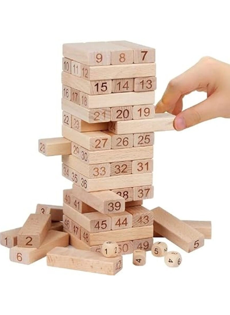 null - 54 Pcs Wooden Blocks 4 Dices Zenga Numbered Building Bricks Stacking Classic Traditional Toppling Tumbling Tower Game Kid Gift - Challenging Maths (Big Size) Puzzle Dice Wooden - Image 1