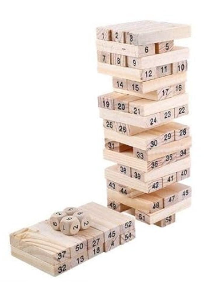 null - 54 Pcs Wooden Blocks 4 Dices Zenga Numbered Building Bricks Stacking Classic Traditional Toppling Tumbling Tower Game Kid Gift - Challenging Maths (Big Size) Puzzle Dice Wooden - Image 1