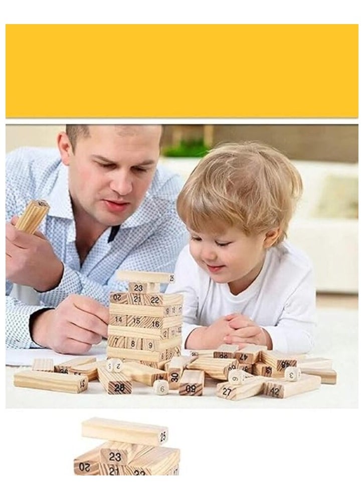 null - 54 Pcs Wooden Blocks 4 Dices Zenga Numbered Building Bricks Stacking Classic Traditional Toppling Tumbling Tower Game Kid Gift - Challenging Maths (Big Size) Puzzle Dice Wooden - Image 1