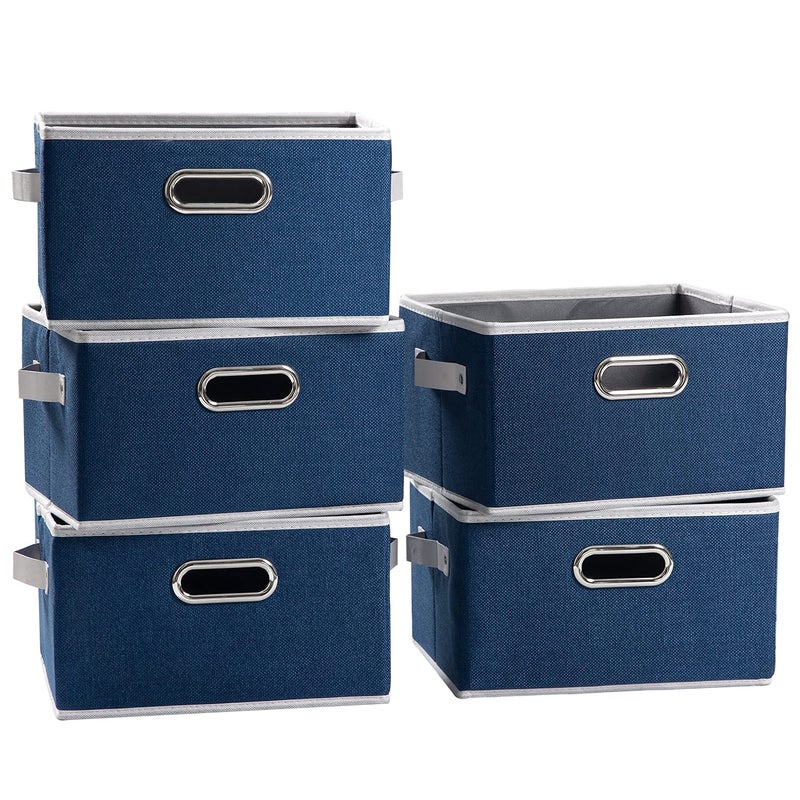 PRANDOM Large Collapsible Storage Baskets for Closet 5pack Decorative Fabric Storage Bins Cubes with LeatherMetal Handles for Shelves Bedroom Living Room Royal Blue 149x98x83 Inch