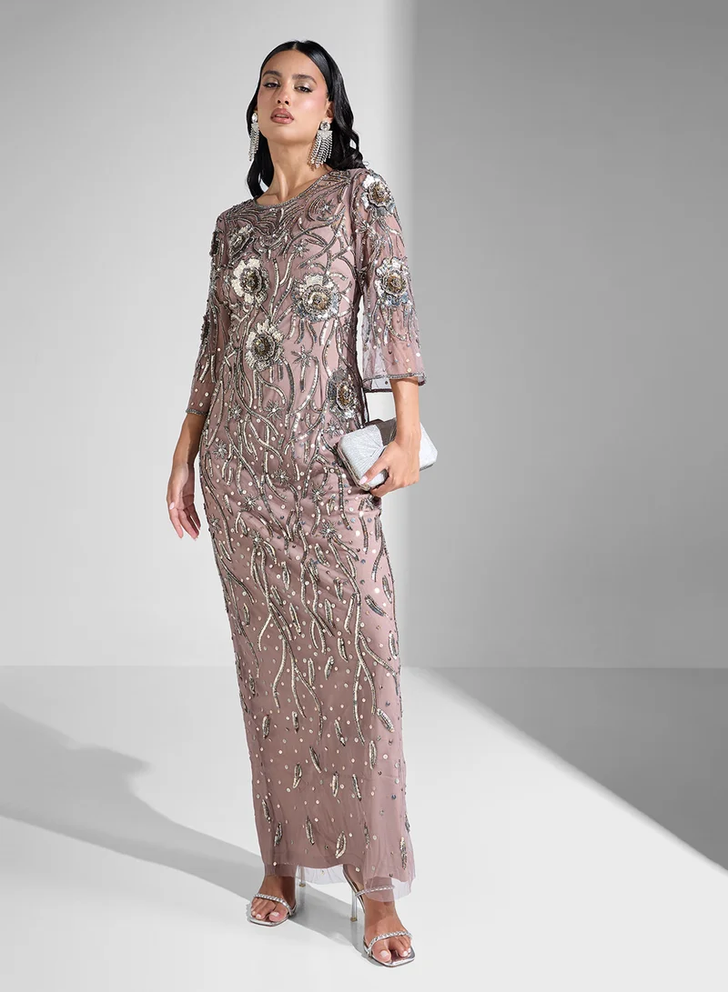 ادريانا بابيل Embellished Short Sleeves Maxi Dress