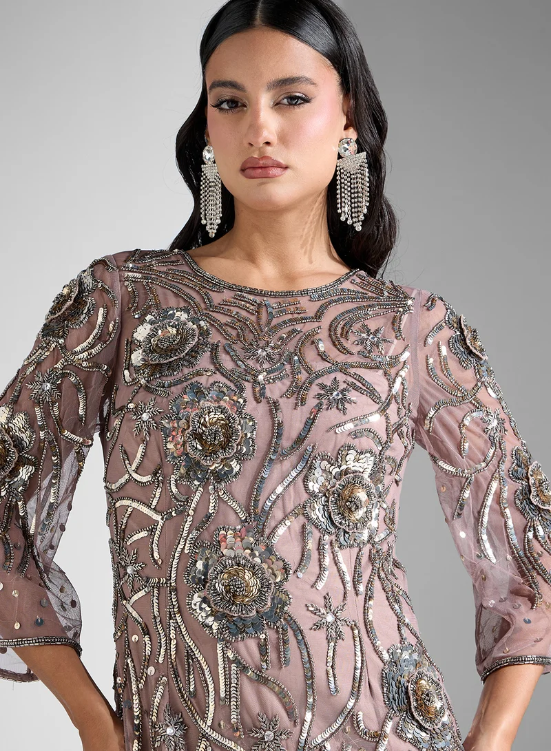 ادريانا بابيل Embellished Short Sleeves Maxi Dress