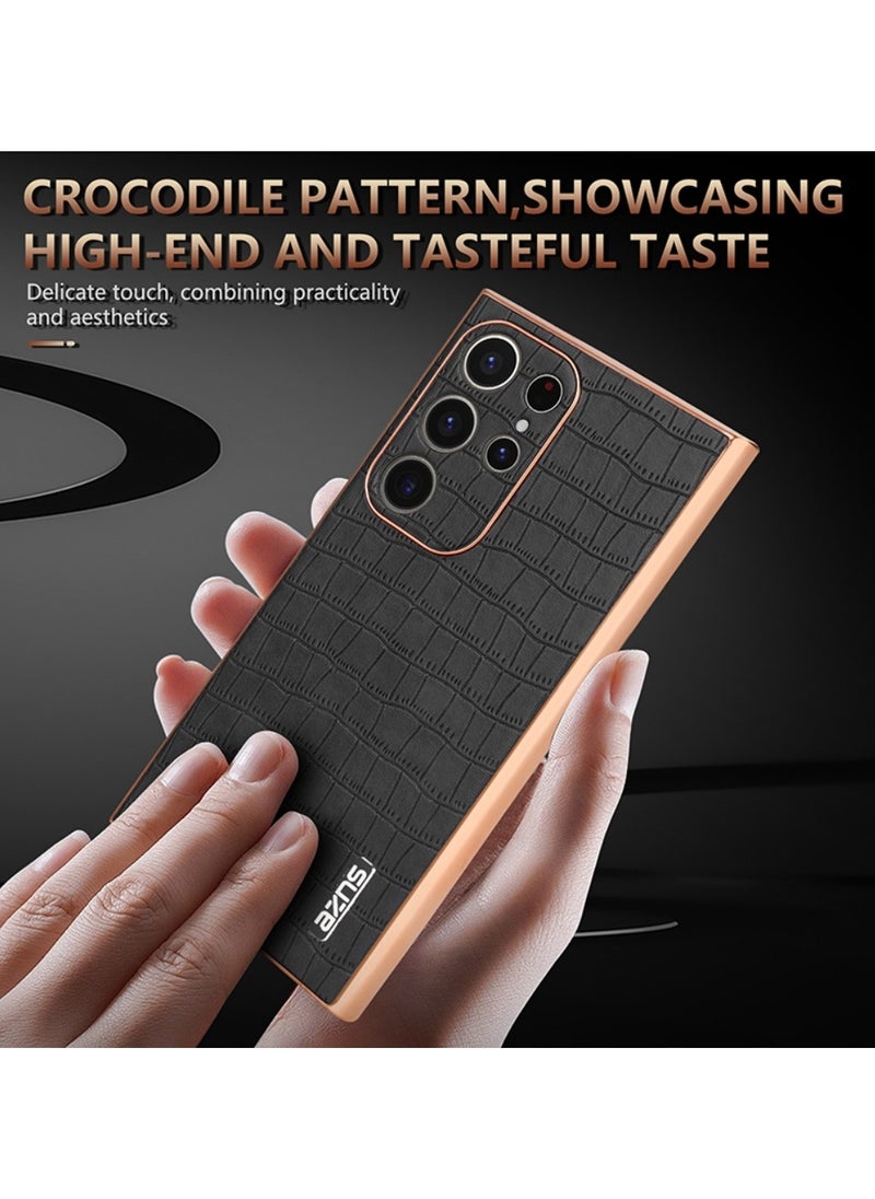 ICARLUS For Samsung Galaxy S23 Ultra 5G Case Electroplating Crocodile Texture PU+TPU Phone Cover Black  - Image 4