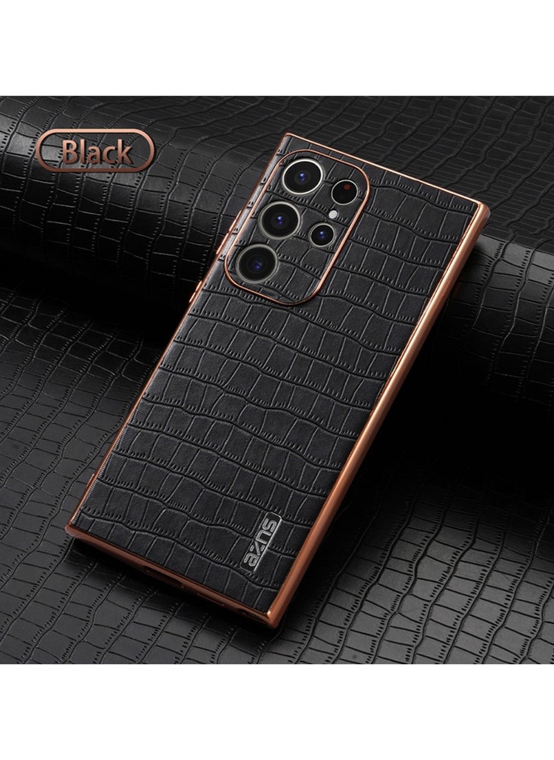 ICARLUS For Samsung Galaxy S23 Ultra 5G Case Electroplating Crocodile Texture PU+TPU Phone Cover Black  - Image 5