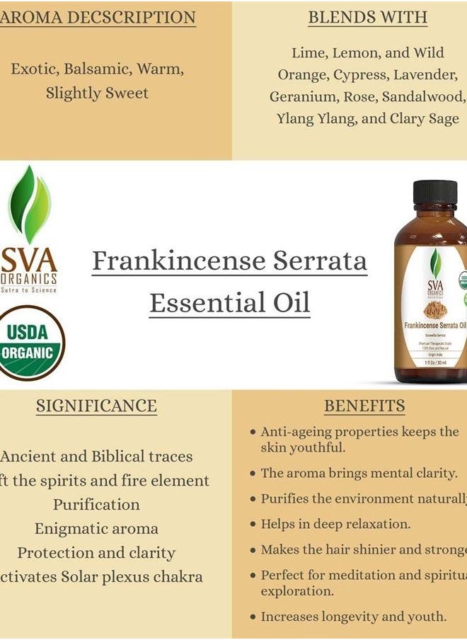 SVA Organics - SVA Organics Frankincense Serrata Essential Oil Organic Certified 30 ml (1 fl oz) with Dropper 100% Pure, Natural & Premium Therapeutic Grade for Glowing Skin, Shiny Hair, Aromatherapy & Diffuser - Image 1