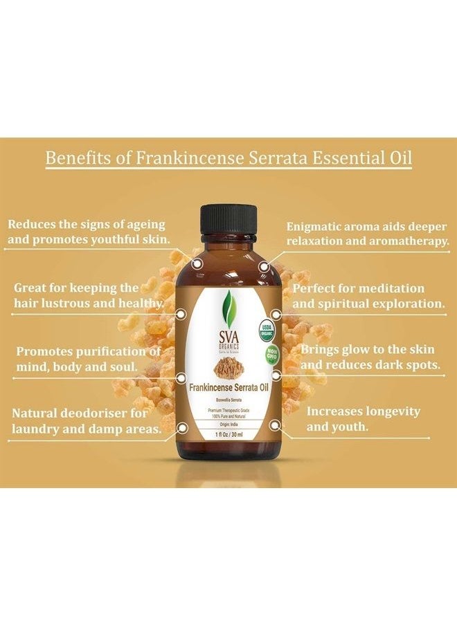 SVA Organics - SVA Organics Frankincense Serrata Essential Oil Organic Certified 30 ml (1 fl oz) with Dropper 100% Pure, Natural & Premium Therapeutic Grade for Glowing Skin, Shiny Hair, Aromatherapy & Diffuser - Image 1