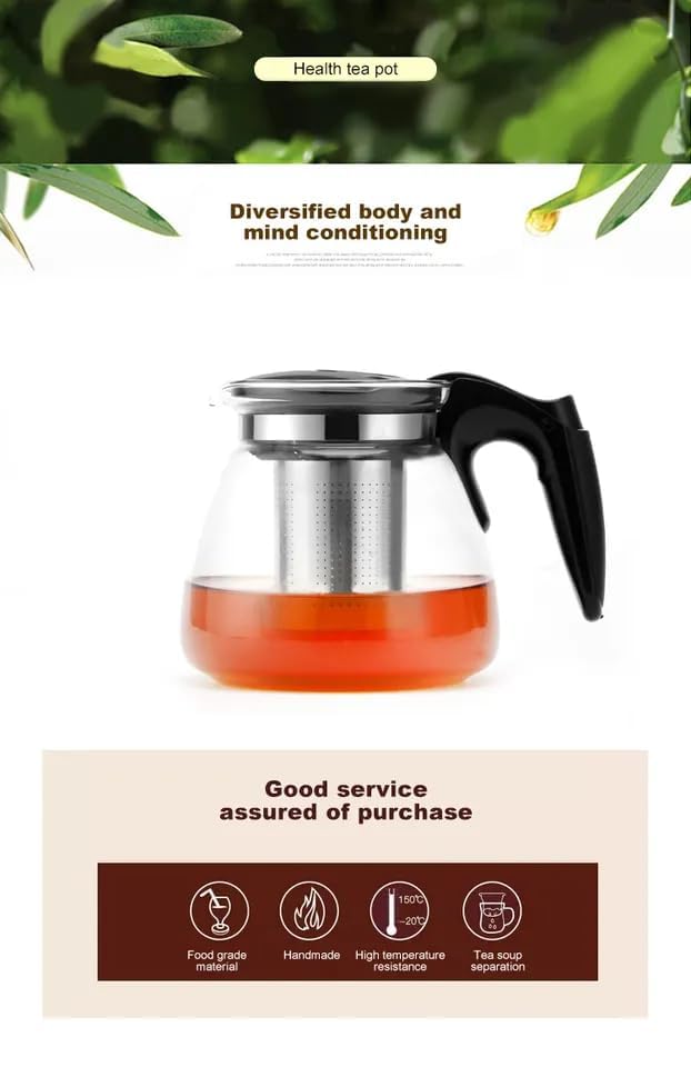 LOCANS Borosilicate Round Glass Tea Pot with Heat Resistant Stainless Steel Infuser Perfect for Tea and Coffee Maker Clear Glass Kettle Plastic Handle 1000ml - Image 5