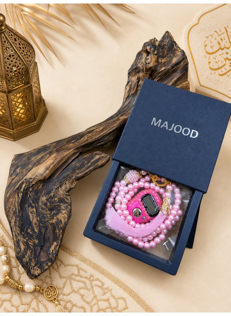 MAJOOD 1 Set of 99 resin imitation pearl prayer beads 8mm  and an electronic counter, packaged in a gift box. - Image 3