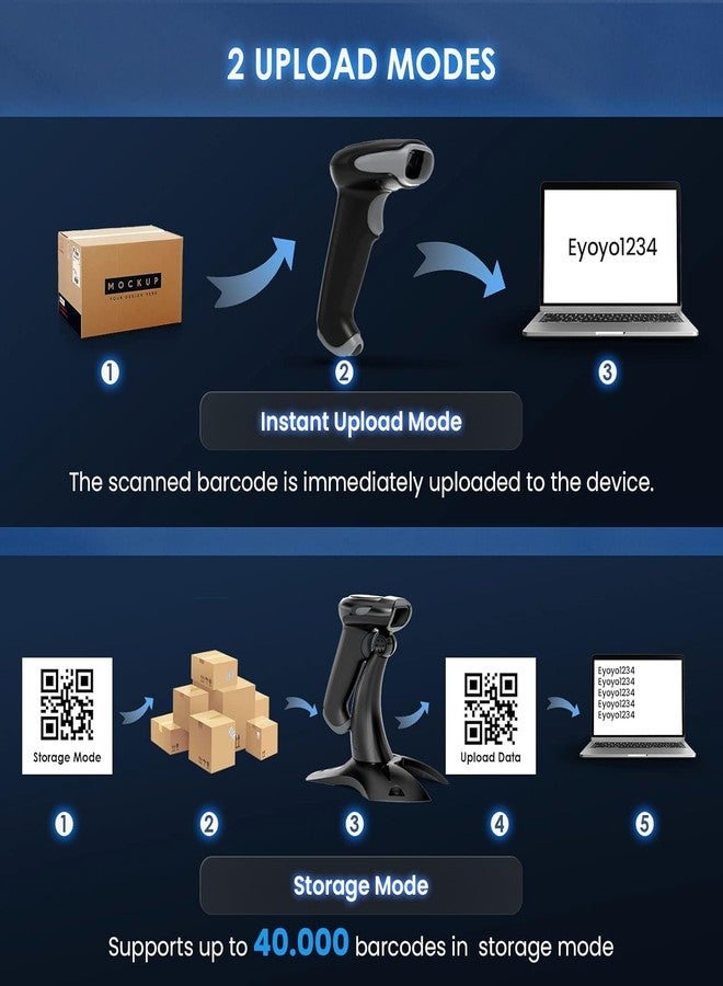 Eyoyo 2D 1D Wireless Barcode Scanner with Stand, 3-in-1 Barcode Reader 2.4G Wireless & Bluetooth & Wired USB Connection, Handheld QR Scanner Compatible with iPhone, Mac, Android, Store, Warehouse... - Image 4