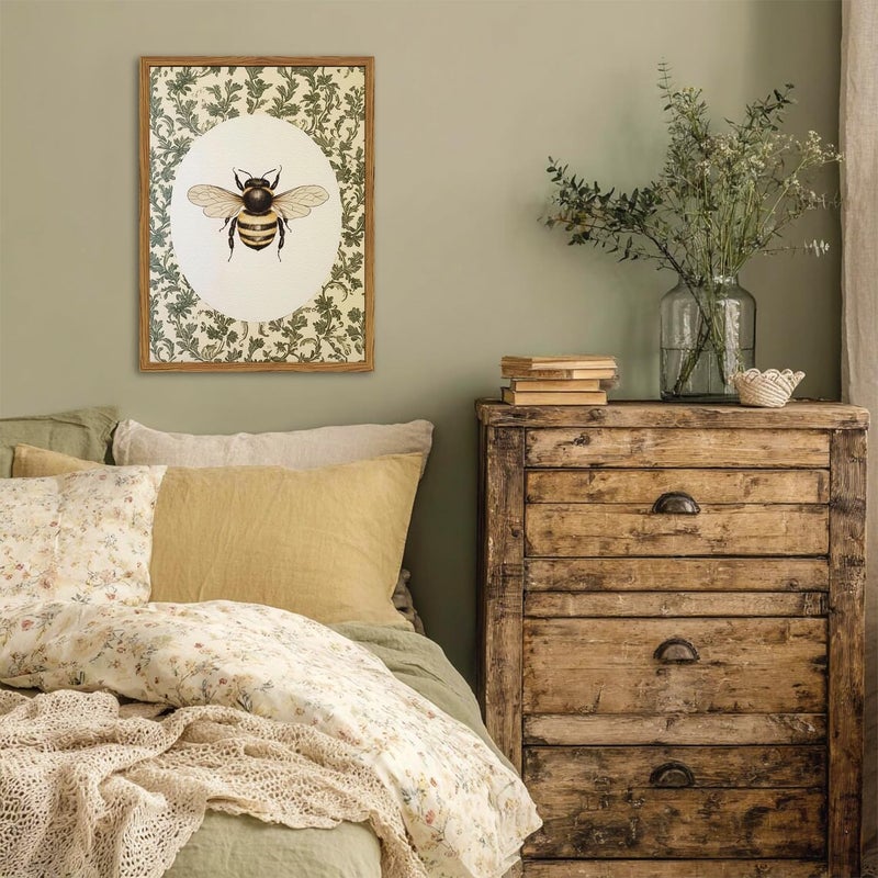 Hwetui Framed Vintage Bee Wall Art, Rustic Insect Pictures Wall Decor, 3D Textured Sandstone Green Botanical Paintings Prints Cottagecore Home Decor for Living Room Bedroom Office 12x16 inch - Image 2
