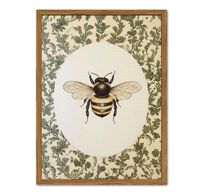 Hwetui Framed Vintage Bee Wall Art, Rustic Insect Pictures Wall Decor, 3D Textured Sandstone Green Botanical Paintings Prints Cottagecore Home Decor for Living Room Bedroom Office 12x16 inch - Image 1
