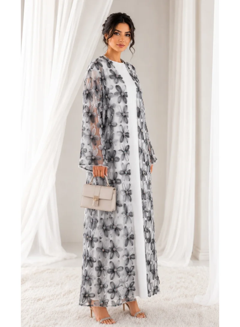 MSquare Fashion Net Floral Abaya with Plain Chiffon Headscarf – Elegant, Modest, Luxury Women’s Abaya for Special Occasions