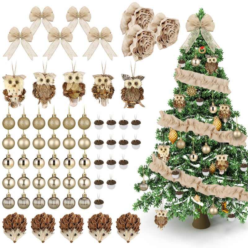 Sotiff 68 PCS Woodland Christmas Tree Ornaments Decoration Set Includes Forest Animal Gold Ball Hedgehog Jute Tree Wrap Bows for Farmhouse Rustic Fall Winter Holiday Party Decor - Image 2