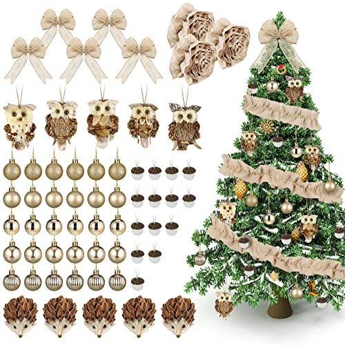 Sotiff 68 PCS Woodland Christmas Tree Ornaments Decoration Set Includes Forest Animal Gold Ball Hedgehog Jute Tree Wrap Bows for Farmhouse Rustic Fall Winter Holiday Party Decor - Image 1