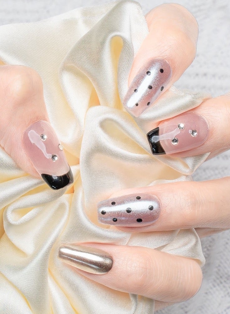 Nailosophy 10 Pcs Handmade Gel Press On Nails Medium Almond Black French Tip Rhinestone Blush Pink Silver Reusable False Nails Nail Kit for Women Party Wedding Eid Special Occasions - Image 1