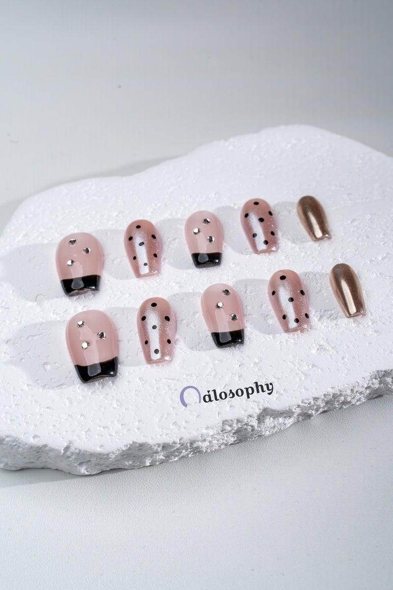 Nailosophy 10 Pcs Handmade Gel Press On Nails Medium Almond Black French Tip Rhinestone Blush Pink Silver Reusable False Nails Nail Kit for Women Party Wedding Eid Special Occasions - Image 2