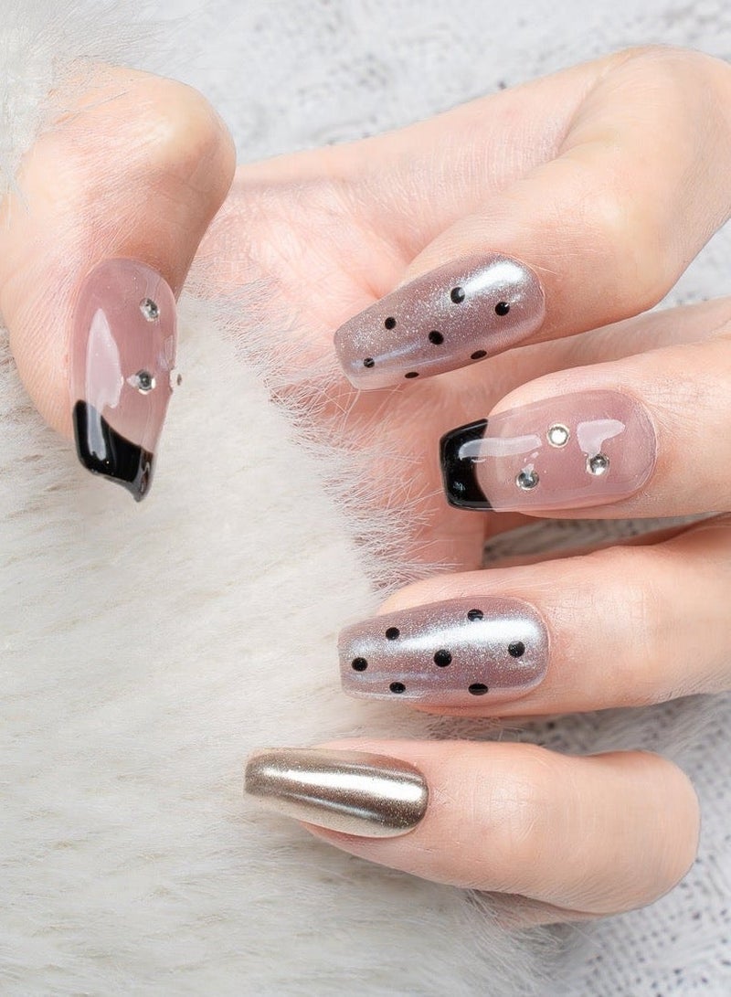 Nailosophy 10 Pcs Handmade Gel Press On Nails Medium Almond Black French Tip Rhinestone Blush Pink Silver Reusable False Nails Nail Kit for Women Party Wedding Eid Special Occasions - Image 3