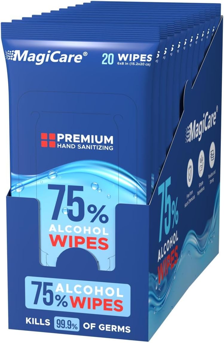 MAGICARE 75% Alcohol Wipes (Travel Packs) - Premium, Large, Unscented Alcohol Hand Wipes, Travel Size - Hand Sanitizing Wipes - Travel Bag, Car, Camping - 10 Packs of 20 (200 Wipes) - Image 1