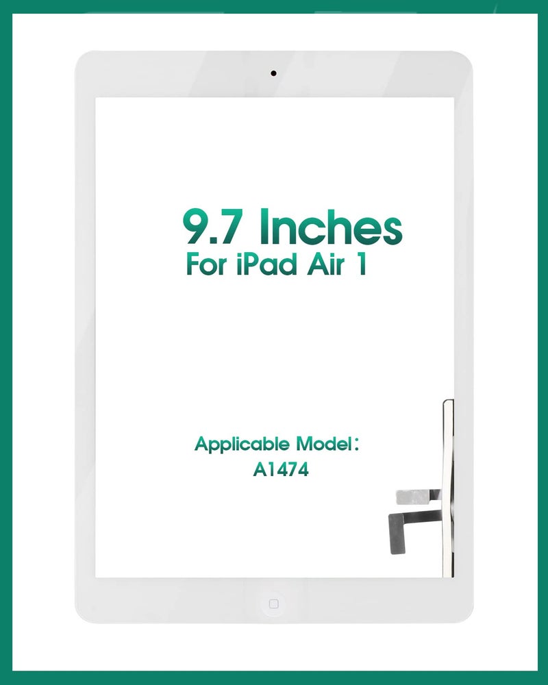SRJTEK استبدال شاشة SRJTEK لجهاز iPad 5 Air الجيل الأول A1474 A1475 A1476 - استبدال شاشة اللمس مع مجموعة مستشعر الزجاج - زر الصفحة الرئيسية وحامل الكاميرا مثبت مسبقًا مع ملصقات لاصقة (أبيض) - Image 3