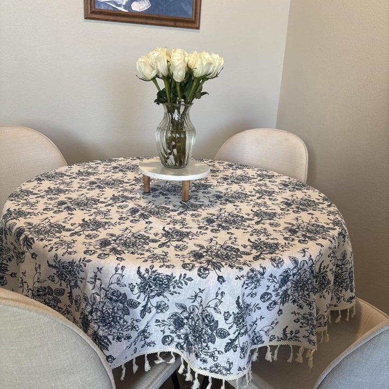 LOVOUS Vintage Blue Floral Round Tablecloth 60 Inch - Washable Linen Table Cloth for Round Table Cover Indoor & Outdoor Dining, Restaurant, Picnic, Pastoral Tablecloth Decor - Image 2